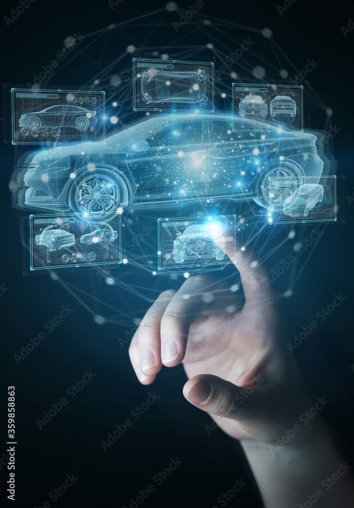 Aufkleber man hand holding and touching holographic smart car interface projection 3d rendering
