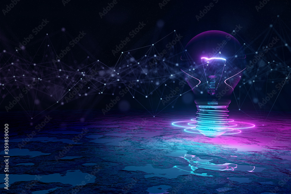 Poster lightbulb illuminating reflecting floor with blue and pink neon light 3d rendering