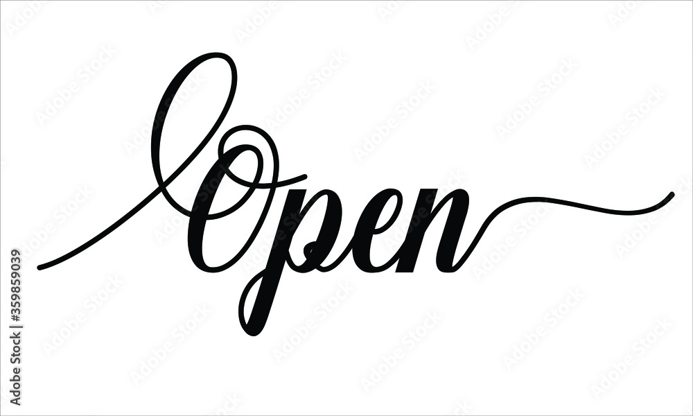Poster open calligraphic cursive typographic text on white background