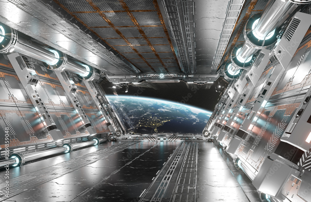 Poster white and silver futuristic spaceship interior with window view on planet earth 3d rendering