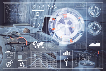 Double exposure of computer and technology theme hologram. Concept of freelance work.