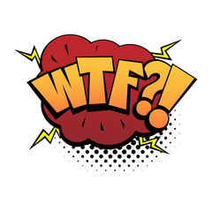 Comic lettering wow. Comic speech bubble with emotional text WTF. Bright dynamic cartoon illustration in retro pop art style isolated on white background. Comic text sound effects