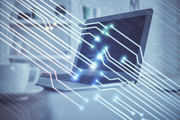 Double exposure of computer and technology theme hud. Concept of innovation.