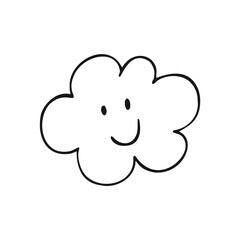 A fun cloud with a black outline on a white background. Children's simple drawing of the Doodle sky. Vector illustration for children. Black-and-white outline image. Design of postcards, logos,
