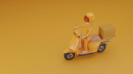 Delivery man wears mask on yellow background.
Online delivery service concept. 3d rendering. 