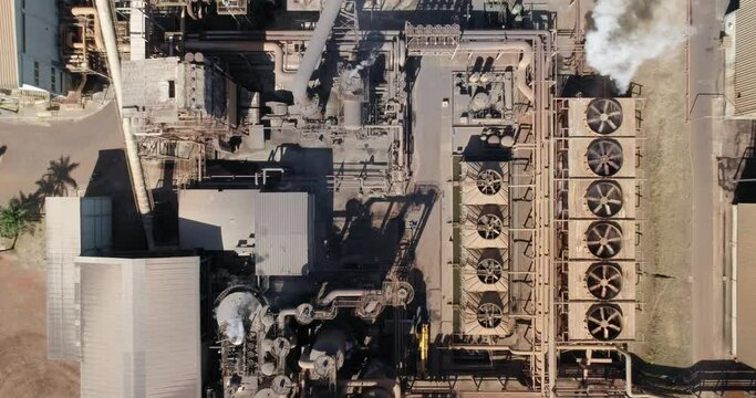 Aerial view of a sugarcane mill producing ethanol and renewable energy