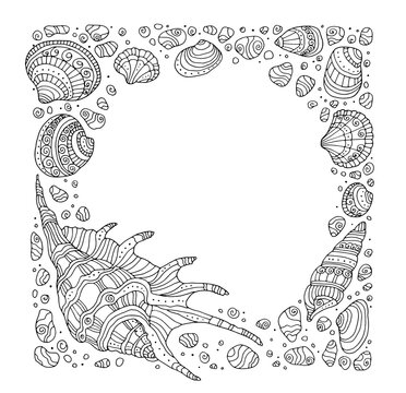 Seashell border frame. Vector illustration. Zentangle. Coloring book page for adult. Hand drawn artwork. Black and white