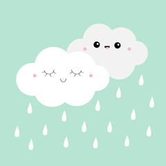White gray cloud rain drop icon set. Smiling sleeping face. Fluffy clouds. Cute cartoon kawaii cloudscape. Love card. Cloudy weather sign symbols. Flat design. Blues sky background. Isolated