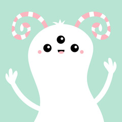 Happy Halloween. Monster white pink silhouette. Cute cartoon kawaii scary character icon. Eyes, striped horns, hands up boo. Funny baby collection. Greeting card. Blue background. Flat design.