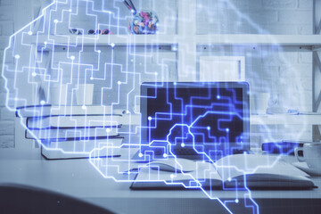 Double exposure of work table with computer and brain sketch hologram. Brainstorming concept.