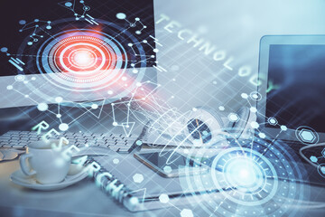 Technology theme drawing and work space with computer. Multi exposure. Concept of innovation.