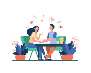 Young couple sitting in restaurant together isolated flat vector illustration. Cartoon romantic girl and guy drinking coffee on date. Love and anniversary concept