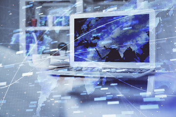 Fototapeta premium Technology theme drawing and table with computer. Multi exposure. Concept of information.