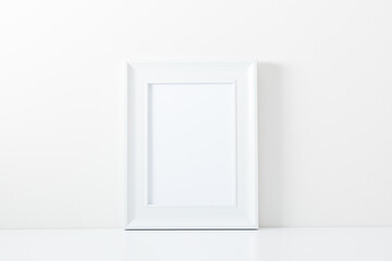 White frame mockup in interior on white wall background. Template frame for text. Poster mockup.