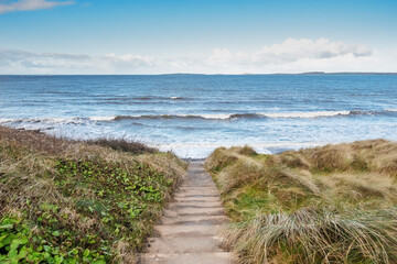 Fototapeta na wymiar Foot path to the Atlanic ocean, Rosses point, county Sligo Ireland, Blue water surface with waves, clear cloudy sky, Tall grass in foreground. Mountains in the foreground.
