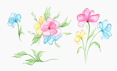Set of watercolor flowersю Floral elements for greeting and invitation cards, isolated on white background.