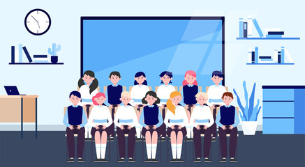 School students posing for class photo in classroom. Teen boys and girls in uniforms sitting in rows near blackboard. Vector illustration for memory, classmates, education concept