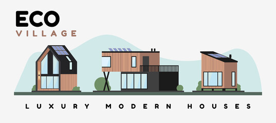 Luxury modern houses. Vector flat illustrations. Exterior appearance architecture eco village.