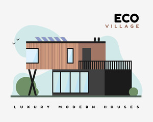 Eco village flat vector illustration. Luxurious modern houses with smart energy on solar panels.