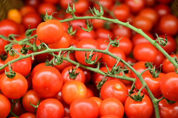 Photo of red tomatoes on a tray, ready for sale