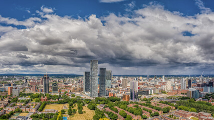 Deansgate Square Manchester England, modern tower block skyscrapers dominating the manchester city centre landscape. 