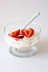 fresh strawberry in bowls with whipped cream