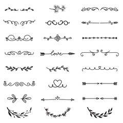Various decorative text dividers set. Black hand drawn ornament borders and calligraphic elements isolated vector illustration collection. Decoration and ornaments concept