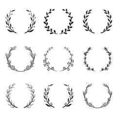 Various round floral and laurel frames set. Branch wreathes, olive branches and leaf elements isolated vector illustration collection. Achievement and victory concept © PCH.Vector
