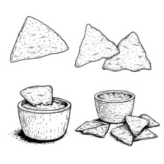 Nachos sketch style set. Single, group and with sauce nachos. Traditional mexican food. Hand drawn. Retro style. Vector illustration for menu designs. Isolated on white background.