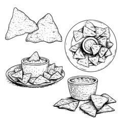 Nachos sketch style set. Single, group on plate and with sauce nachos. Top view. Traditional mexican food collection. Hand drawn. Retro style. Vector illustration for menu designs.