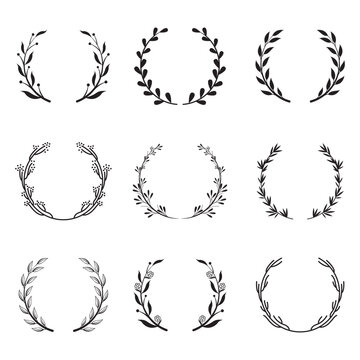 Various round floral and laurel frames set. Branch wreathes, olive branches and leaf elements isolated vector illustration collection. Achievement and victory concept