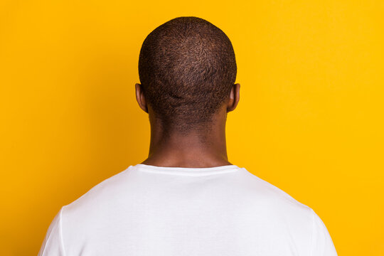 Back rear spine view photo of afro american guy worker stand head hide his personality wear good look clothes isolated over vibrant color background