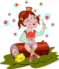 Schoolgirl sits on a stump and plays with soap bubbles.