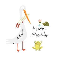 Funny cute birthday card with white swamp bird and baby frog in the lake, cute smiling animals for children. Heron holding reeds bouquet, and little frog picture. Vector doodle design.