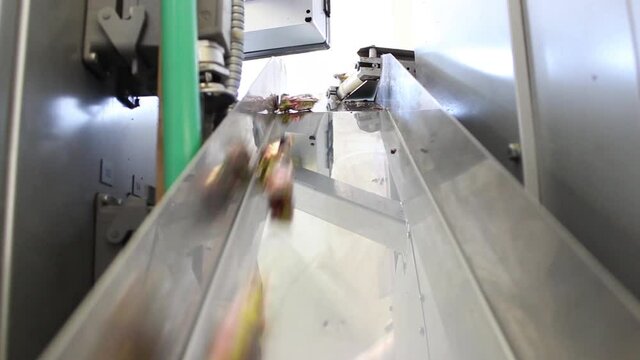 Chocolates wrapped in candy wrappers move on the conveyor falling down.