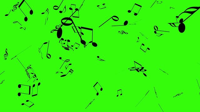 Rain of black music notes falling down on the green screen