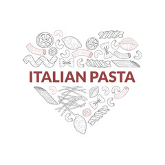 Italian Pasta of Heart Shape, Traditional Cuisine Dish, Food Menu, Restaurant, Cafe Banner, Flyer, Card, Business Promote Hand Drawn Vector Illustration