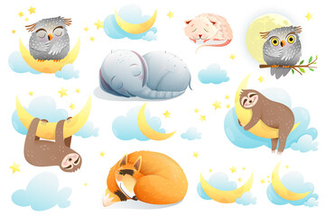 Cute sleeping baby animals clipart collection. Sloth, elephant, fox, owl, mouse dreaming with stars and moon. Sweet good night cartoon watercolor style illustrations for children. Vector nursery art.