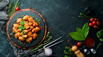 Smoked chicken tails. Barbecue. Snacks for beer. Top view. Rustic style.