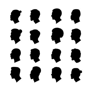Set vector illustration of men's heads in profile of european and asian and also afro-american nationality black silhouette on a white background.