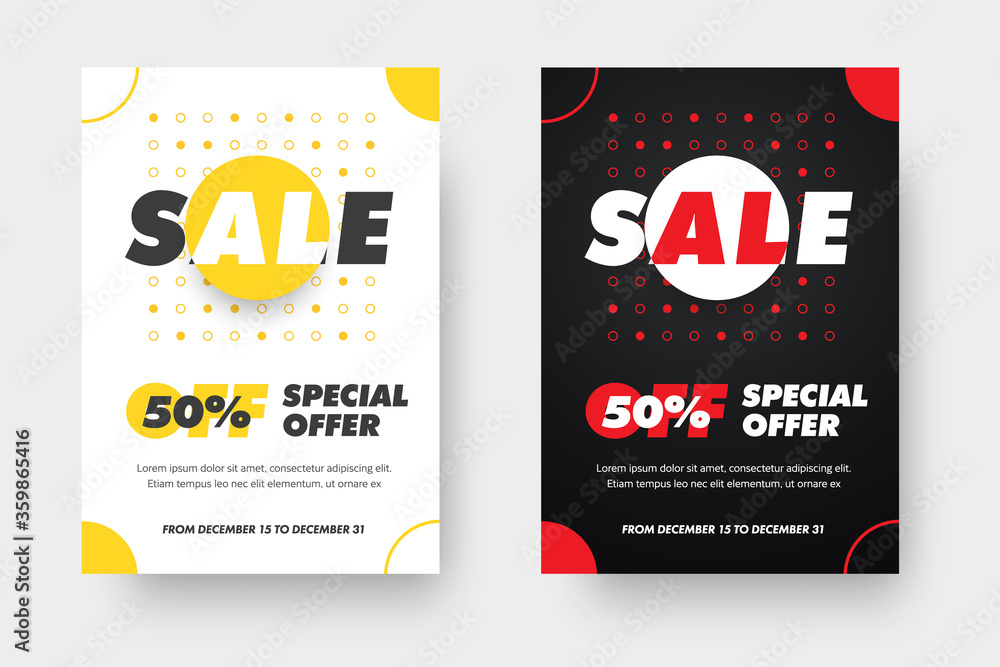 Poster Vector banner template in white and black colors, with presentation of design and pattern with yellow and red circles.
