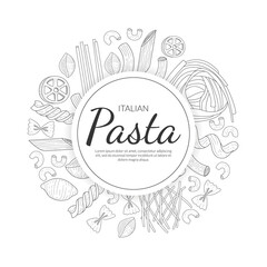 Pasta Banner Template, Traditional Italian Cuisine Dish, Food Menu, Restaurant, Cafe Flyer, Card, Business Promote Hand Drawn Vector Illustration