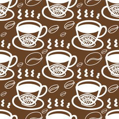 Seamless vector of white outline tribal style Motif art coffee cup on brown background for making many kinds of printing or textile graphic related Aboriginal, Maya, Inca, African trendy style