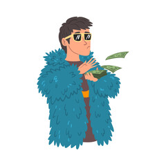 Wealthy Young Man in Fashionable Clothes Throwing Money, Lucky Successful Rich Person Character Vector Illustration on White Background