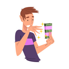 Surprised Young Man Holding Money Pack Bundle in His Hands Vector Illustration