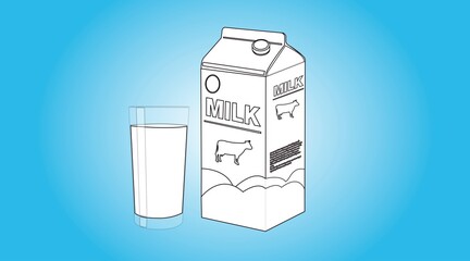 Black and White Isolated Illustration of a Milk Box and a Glass of Milk