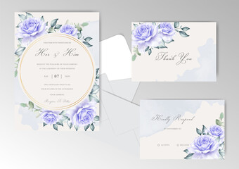 Beautiful Wedding Invitation Cards Set Template with Splash Watercolor and Floral