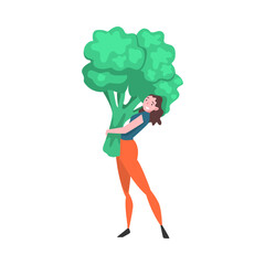 Girl Carrying Big Broccoli, Female Farmer Character with Natural Organic Vegetable Vector Illustration