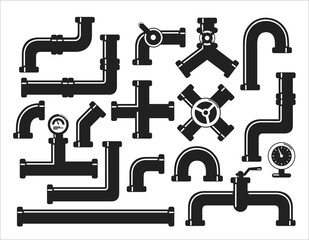 Vector icons set of details ware pipes system in flat style. Silhouette collection of water tube, plastic pipeline, filtres, gas valve, fittings, plumbing, faucet, sewage. Construction and industrial  - obrazy, fototapety, plakaty