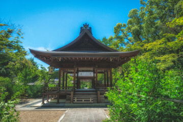 京都、梨木神社の拝殿と新緑の風景です